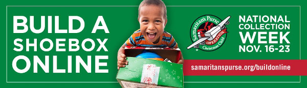 Operation shoe box banner of child receiving a shoe box